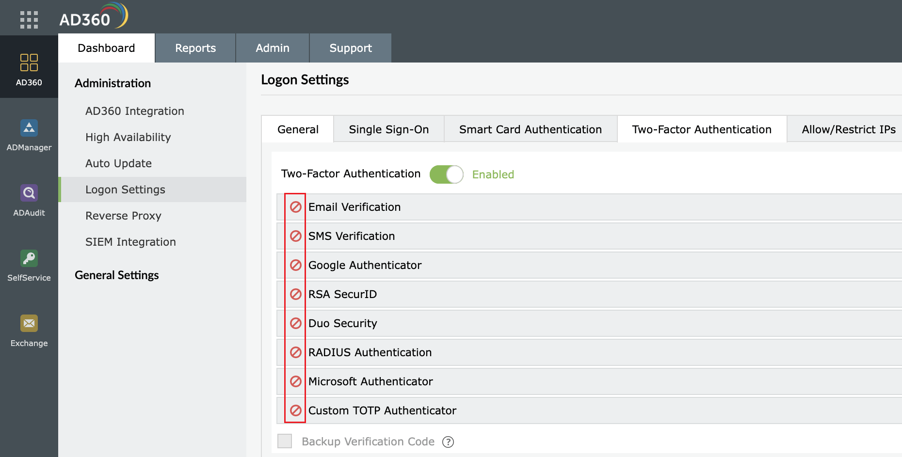 Two-factor Authentication list provided